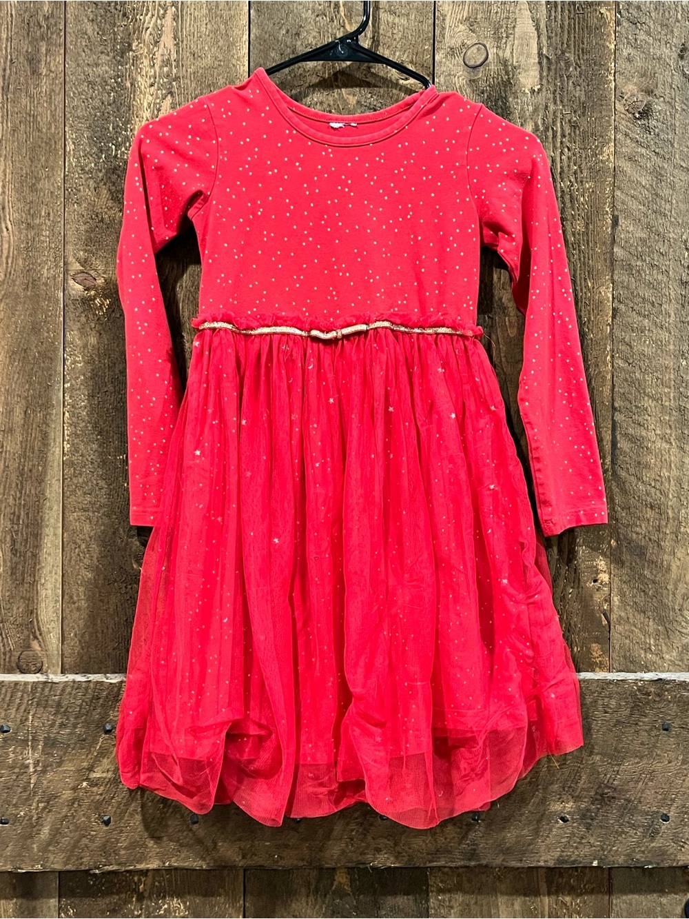 The Children's Place Red Long-Sleeve Tulle Party Dress with Gold Trim